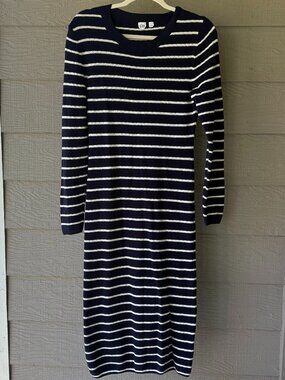 GAP Navy Blue White Striped Long Sleeve Midi Sweater Dress Size L